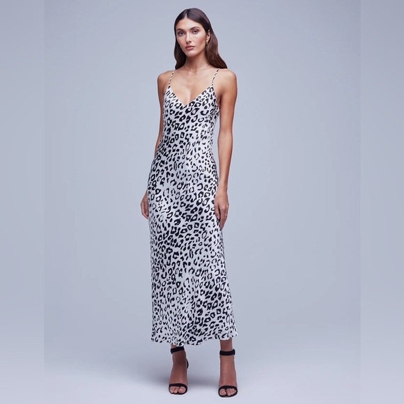 L’AGENCE Seridie Mid Length Slip Cheetah Dress Silver Black - Picture 1 of 10
